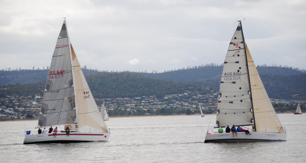 Small boats in the Bruny Island Race, the Mumm 30 Cleopatra leading the Jarkan 38 Bellandean past Lower Sandy Bay - Bruny Island Yacht Race 2012 © Rob Cruse